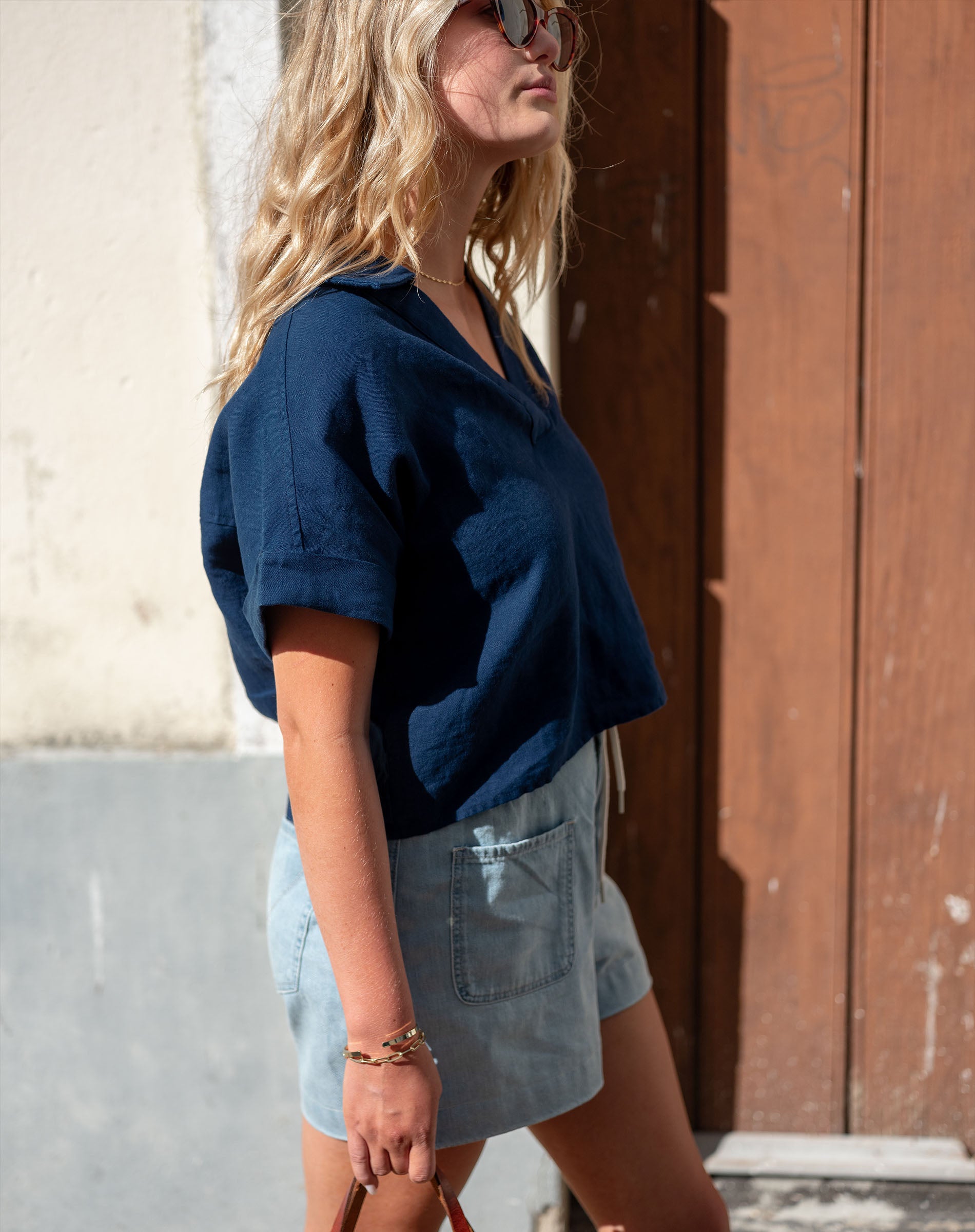 Women's Navy Short Sleeve Linen Top