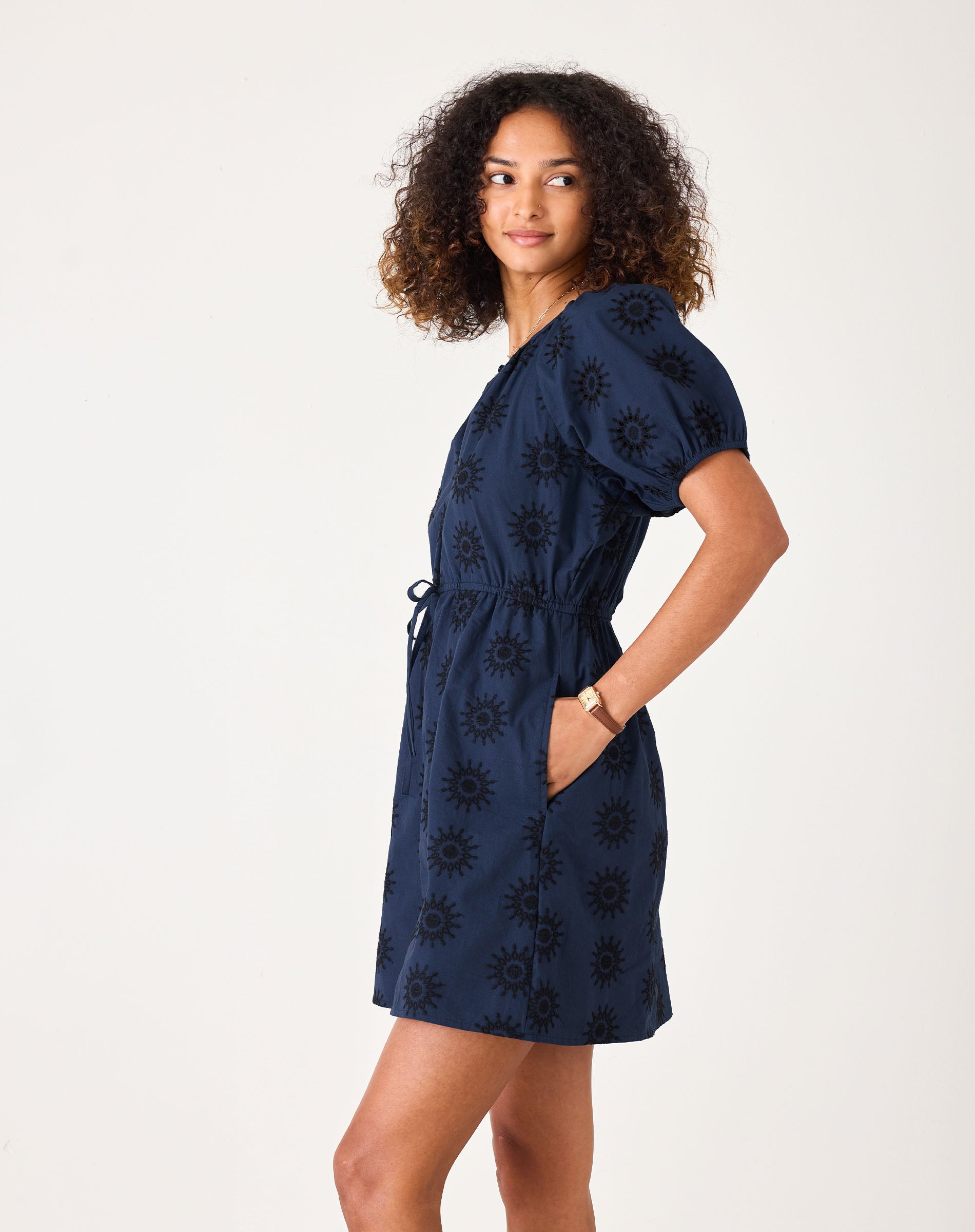 Women's Navy Short Sleeve Mini Eyelet Dress