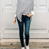 Women's Oversized Crewnck Knit Sweater in Navy Stripes Travel Chest View Outfit