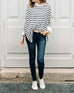 Women's Oversized Crewnck Knit Sweater in Navy Stripes Travel Chest View Outfit
