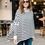 Women's Oversized Crewnck Knit Sweater in Navy Stripes Travel Chest View