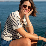 Women's Navy Striped Crochet Polo Sweater