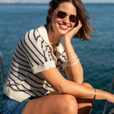 Women's Navy Striped Crochet Polo Sweater