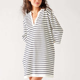 Women's Navy Striped Midweight V-neck Drop Shoulders Amelia Tee Dress Front View