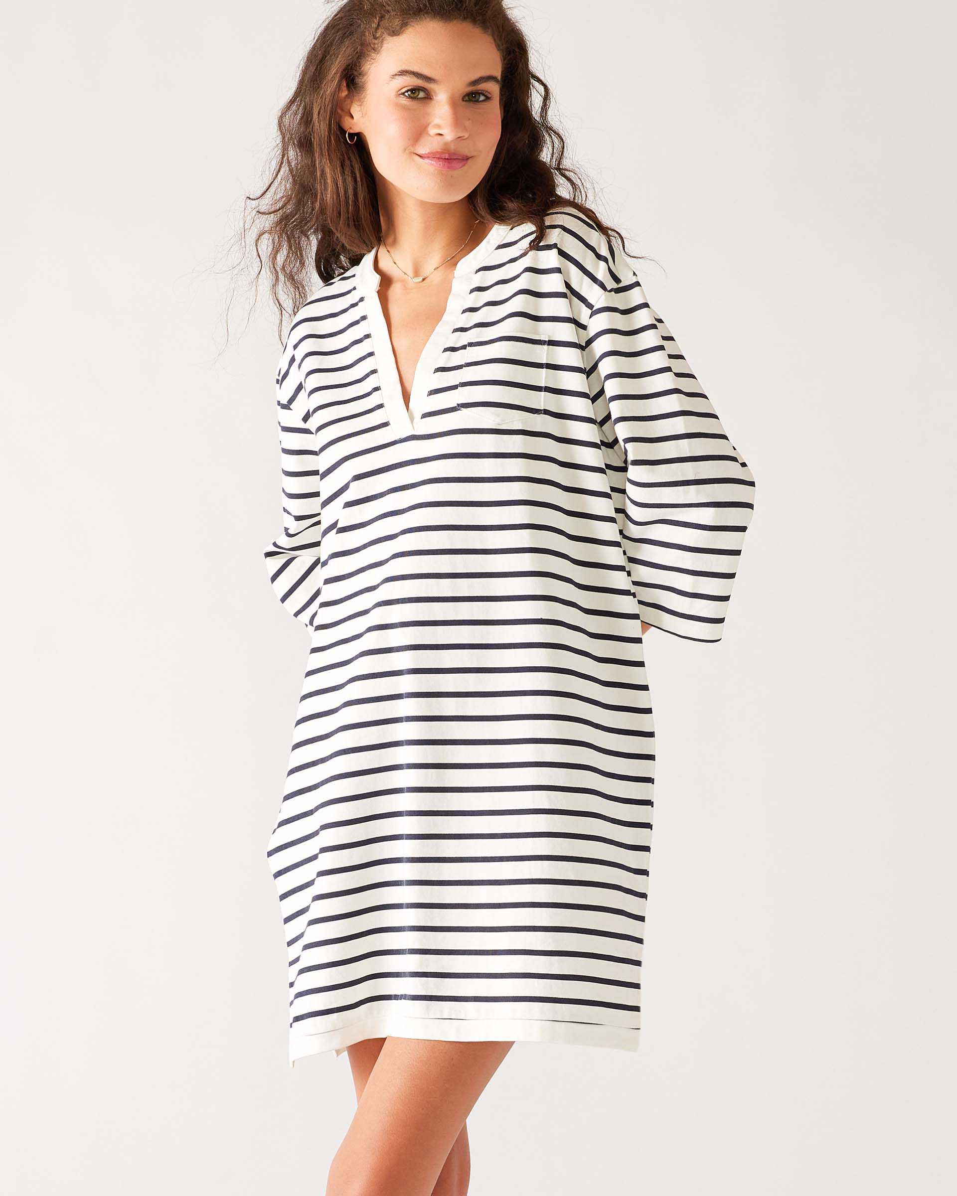 Women's Navy Striped Midweight V-neck Drop Shoulders Amelia Tee Dress Front View