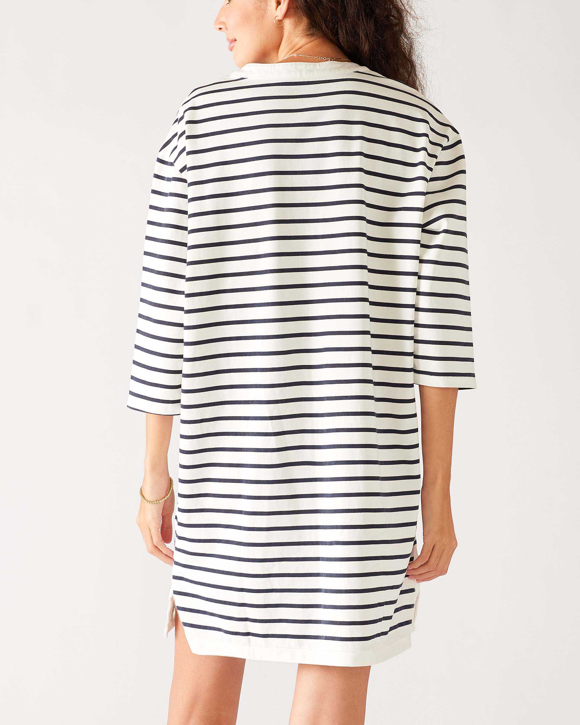 Women's Navy Striped Midweight V-neck Drop Shoulders Amelia Tee Dress Rear View