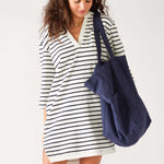 Women's Navy Striped Midweight V-neck Drop Shoulders Amelia Tee Dress with Bag