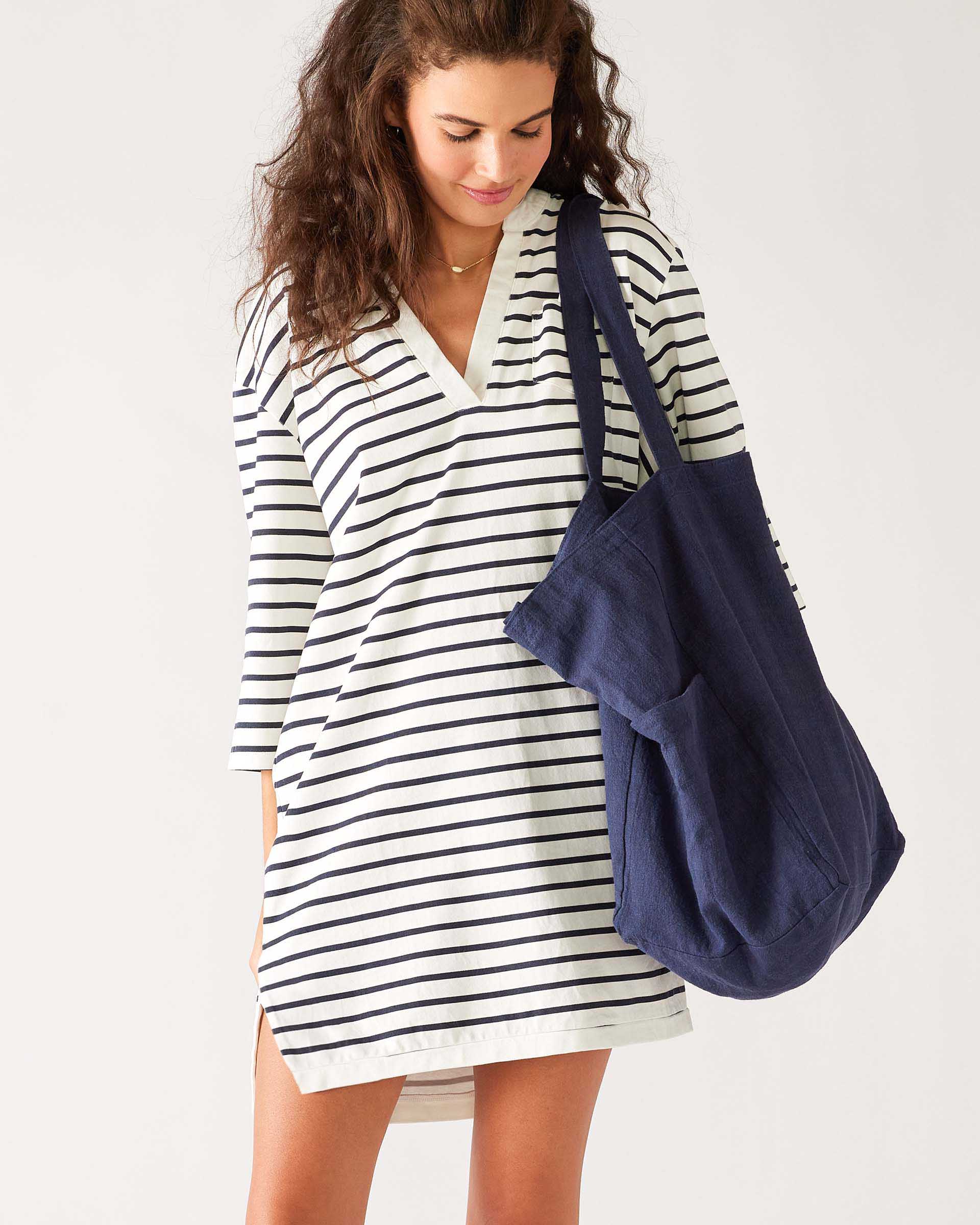 Women's Navy Striped Midweight V-neck Drop Shoulders Amelia Tee Dress with Bag