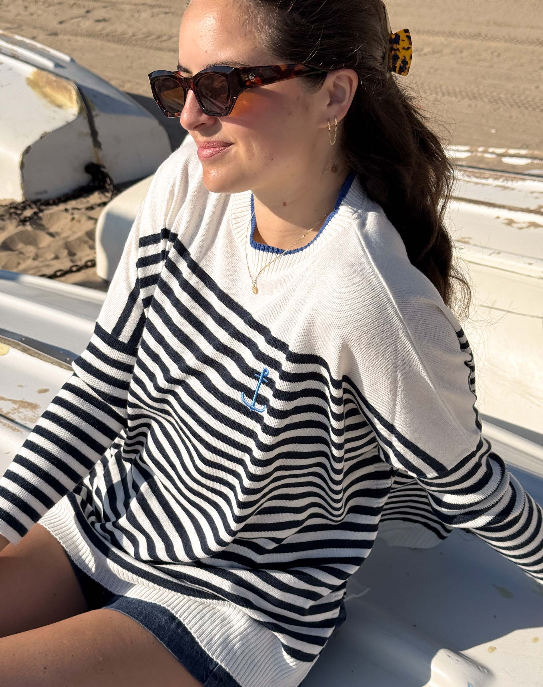 Women's Navy Striped Mockneck Sweater