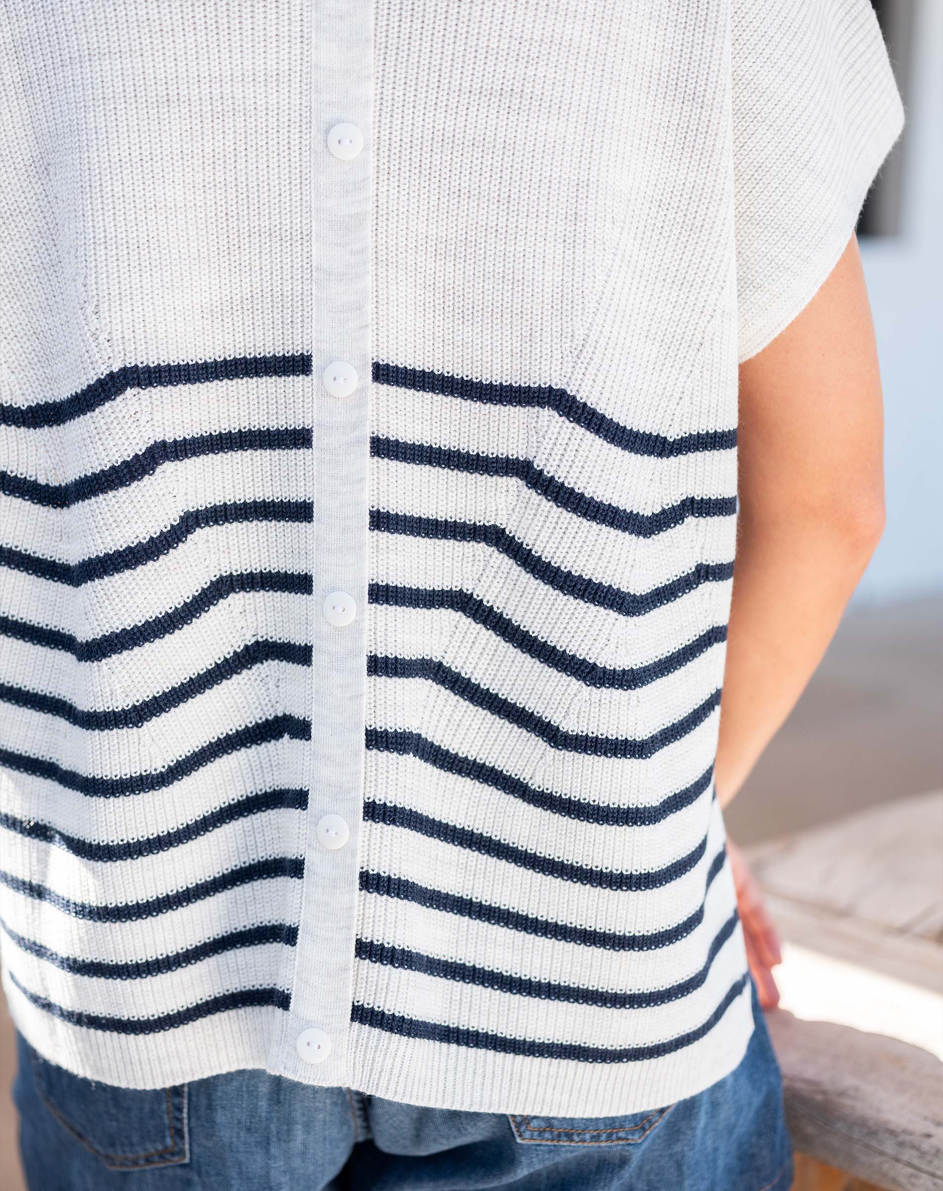 Women's White Navy Striped Short Sleeve One Sized Sweater