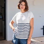 Women's White Navy Striped Short Sleeve One Sized Sweater