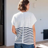 Women's White Navy Striped Short Sleeve One Sized Sweater