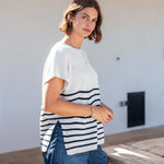 Women's White Navy Striped Short Sleeve One Sized Sweater