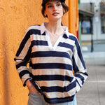 Women's Navy Striped Polo Pullover