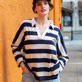 Women's Navy Striped Polo Pullover