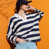 Women's Navy Striped Polo Pullover