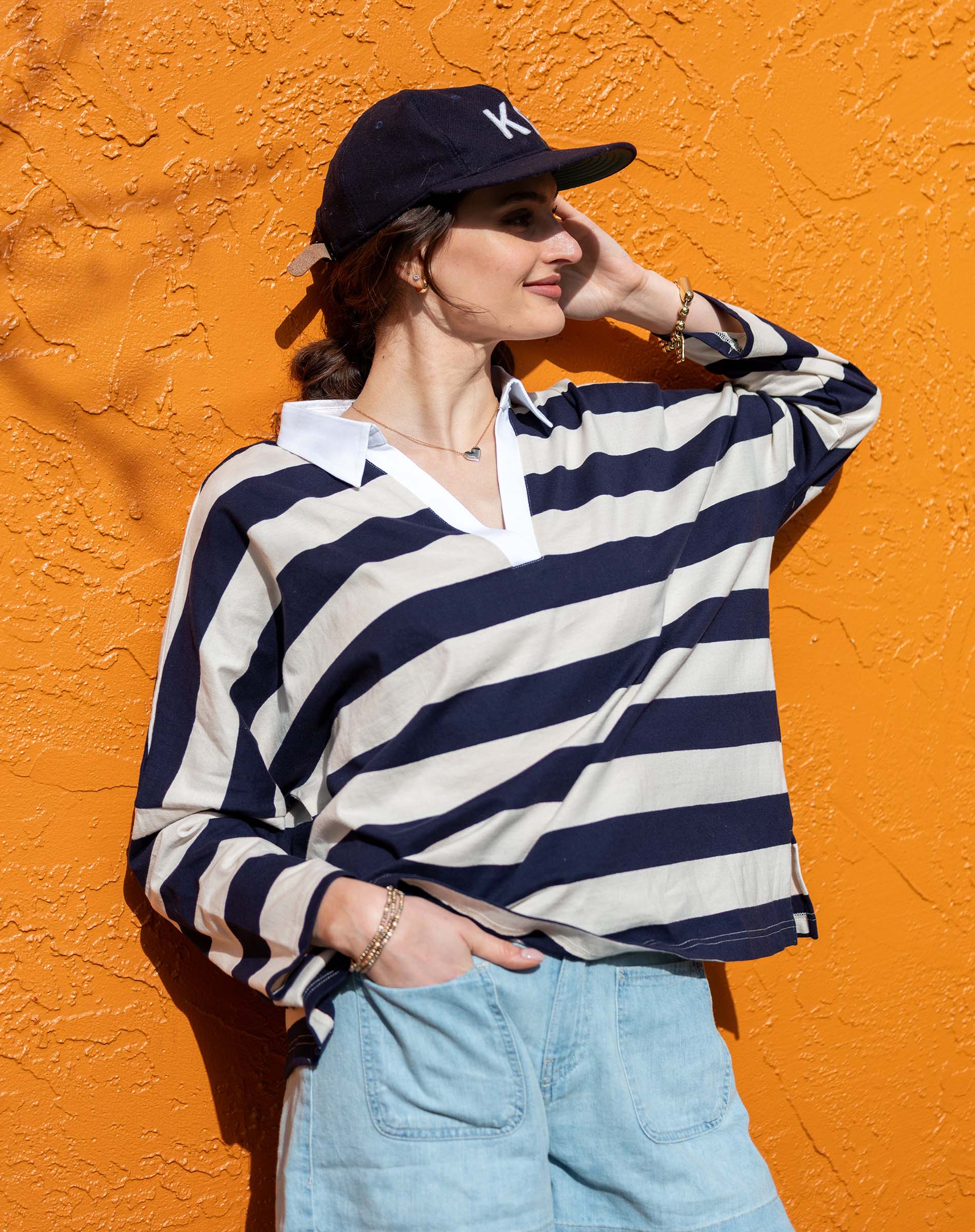 Women's Navy Striped Polo Pullover