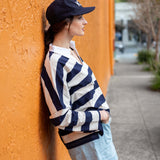 Women's Navy Striped Polo Pullover