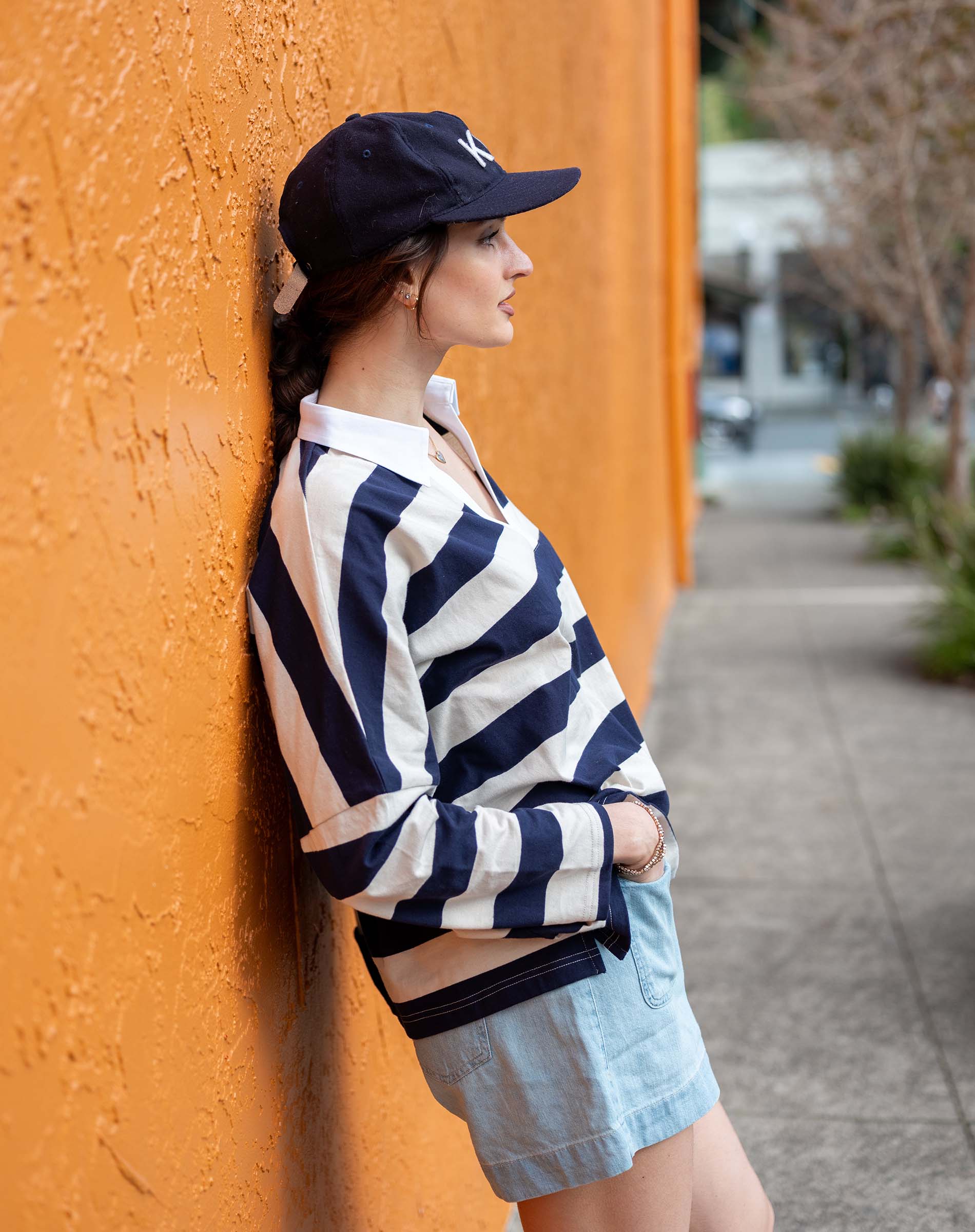 Women's Navy Striped Polo Pullover