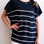 Women's One Size Navy Stripes Short Sleeve Sweater With Buttons Down Back Casual Day Outfit