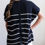 Women's One Size Navy Stripes Short Sleeve Sweater With Buttons Down Back Casual Day Outfit