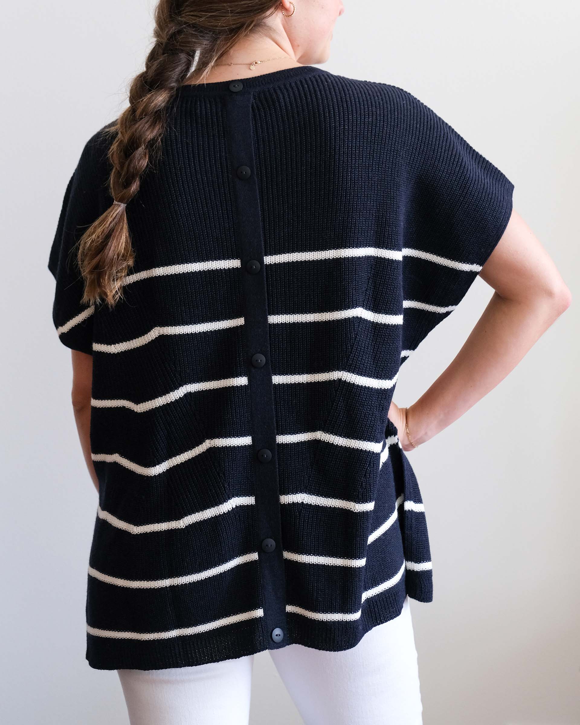 Women's One Size Navy Stripes Short Sleeve Sweater With Buttons Down Back Casual Day Outfit