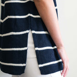 Women's One Size Navy Stripes Short Sleeve Sweater With Buttons Down Back Side Detail