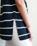 Women's One Size Navy Stripes Short Sleeve Sweater With Buttons Down Back Side Detail