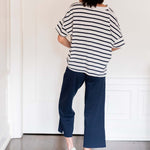 Women's One Size Navy Striped Short Sleeve Tee with Two Pockets on Chest Back View