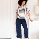 Women's One Size Navy Striped Short Sleeve Tee with Two Pockets on Chest Front View Standing