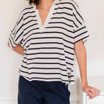 Women's One Size Navy Striped Short Sleeve Tee with Two Pockets on Chest Front View