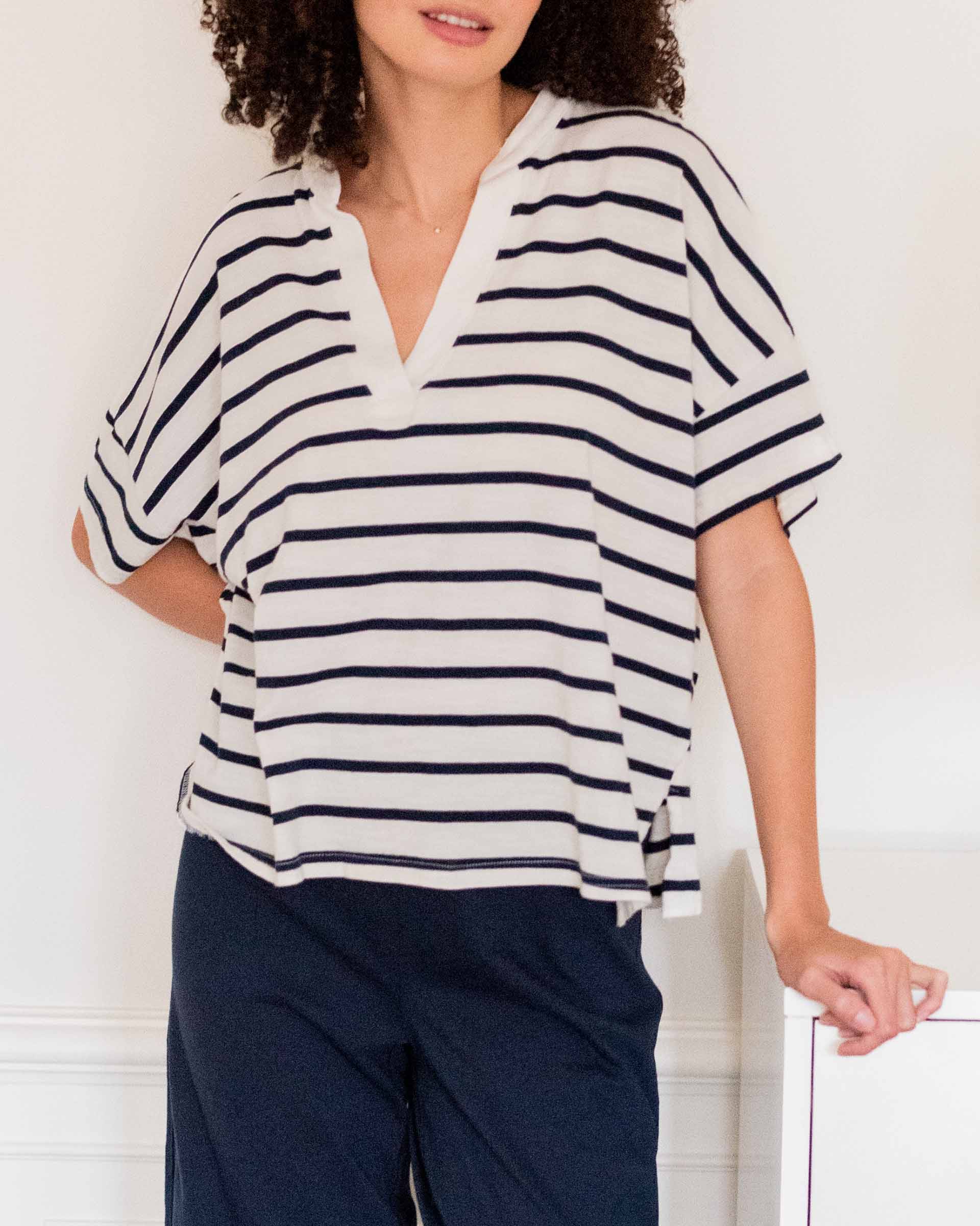 Women's One Size Navy Striped Short Sleeve Tee with Two Pockets on Chest Front View