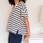 Women's One Size Navy Striped Short Sleeve Tee with Two Pockets on Chest Side View