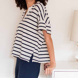 Women's One Size Navy Striped Short Sleeve Tee with Two Pockets on Chest Side View