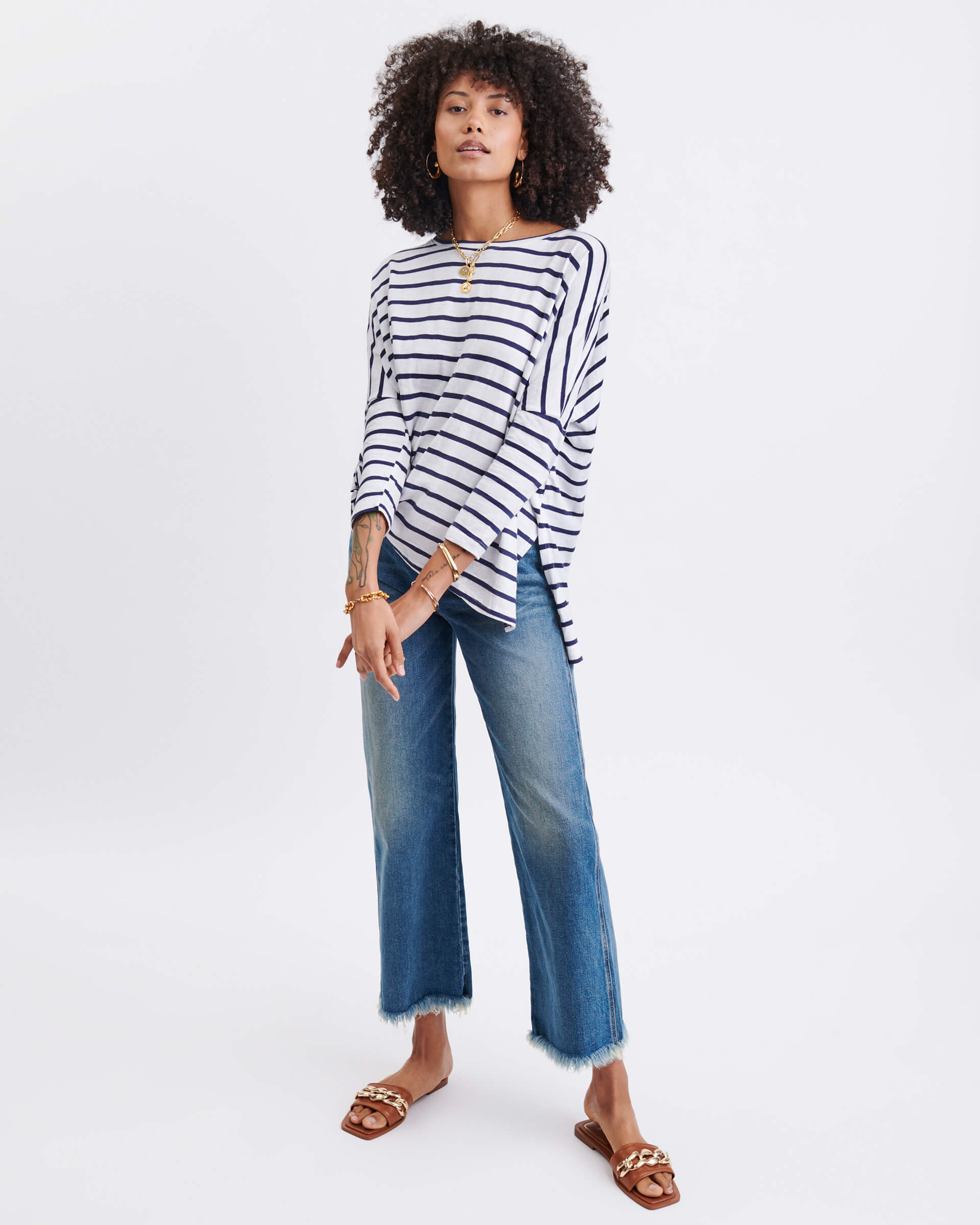 Women's One Size Tee in Navy Stripes Chest View Outfit
