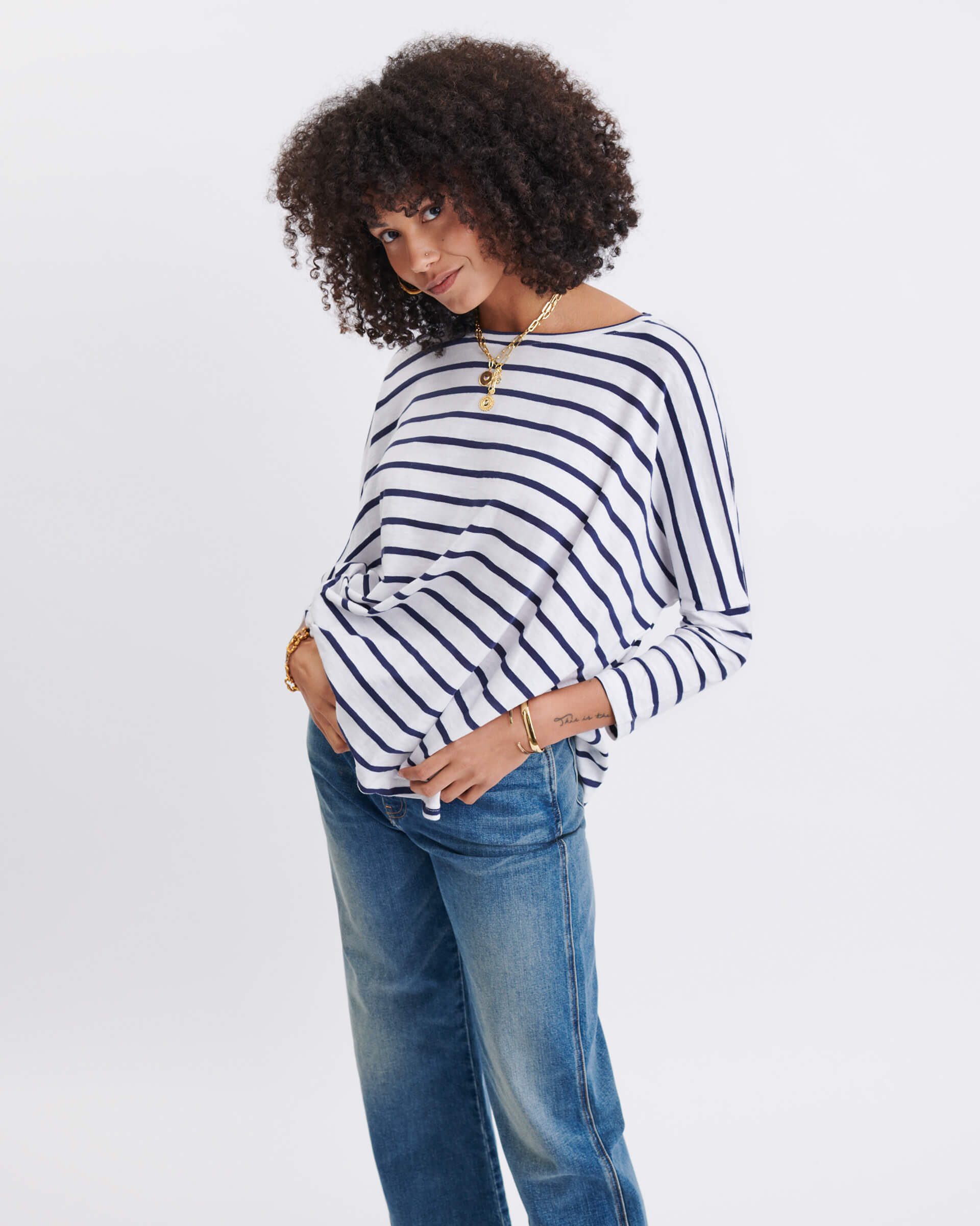 Women's One Size Tee in Navy Stripes Chest View