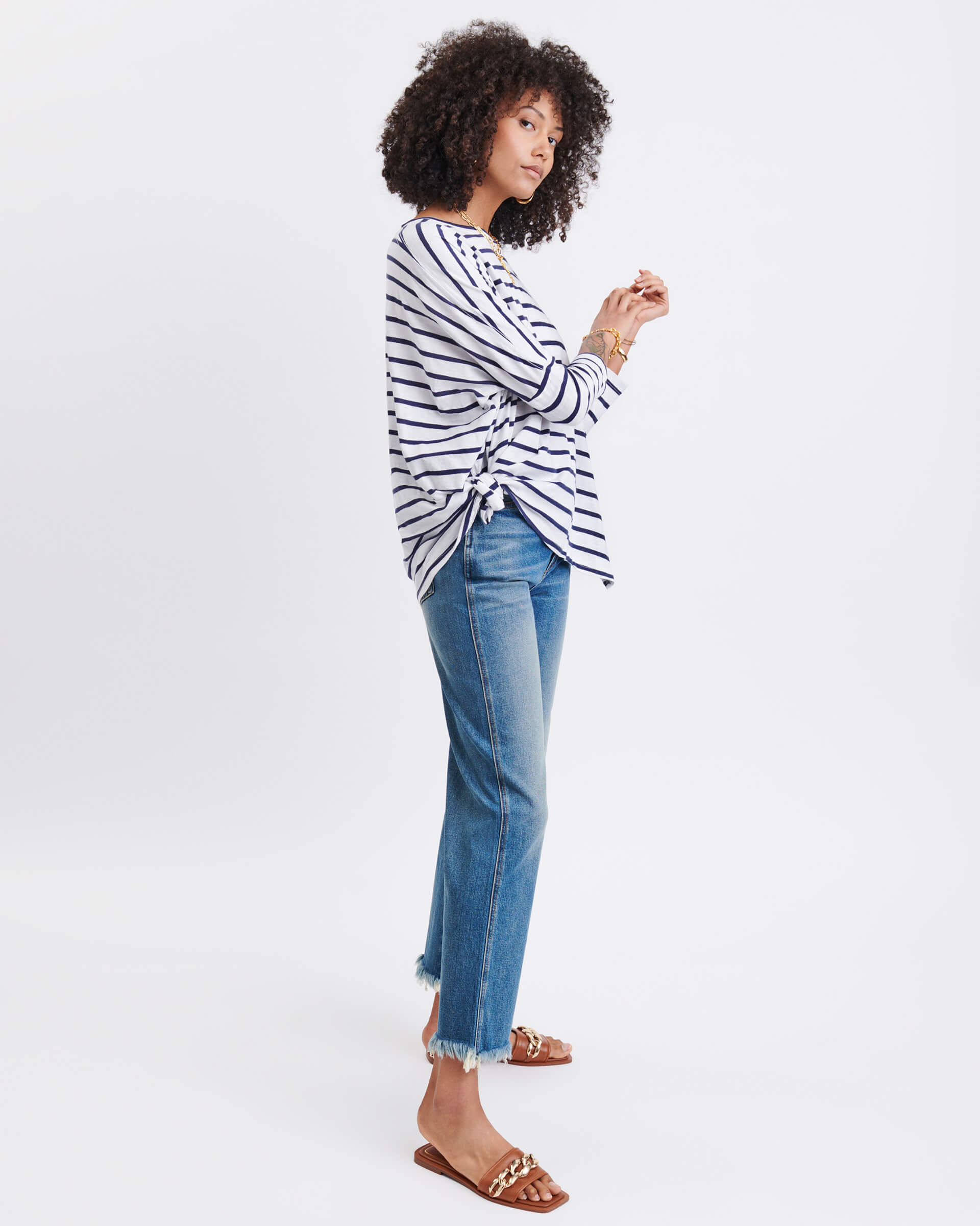 Women's One Size Tee in Navy Stripes Side View