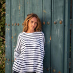 Women's One Size Tee in Navy Stripes Travel Destination Drape of Fabric