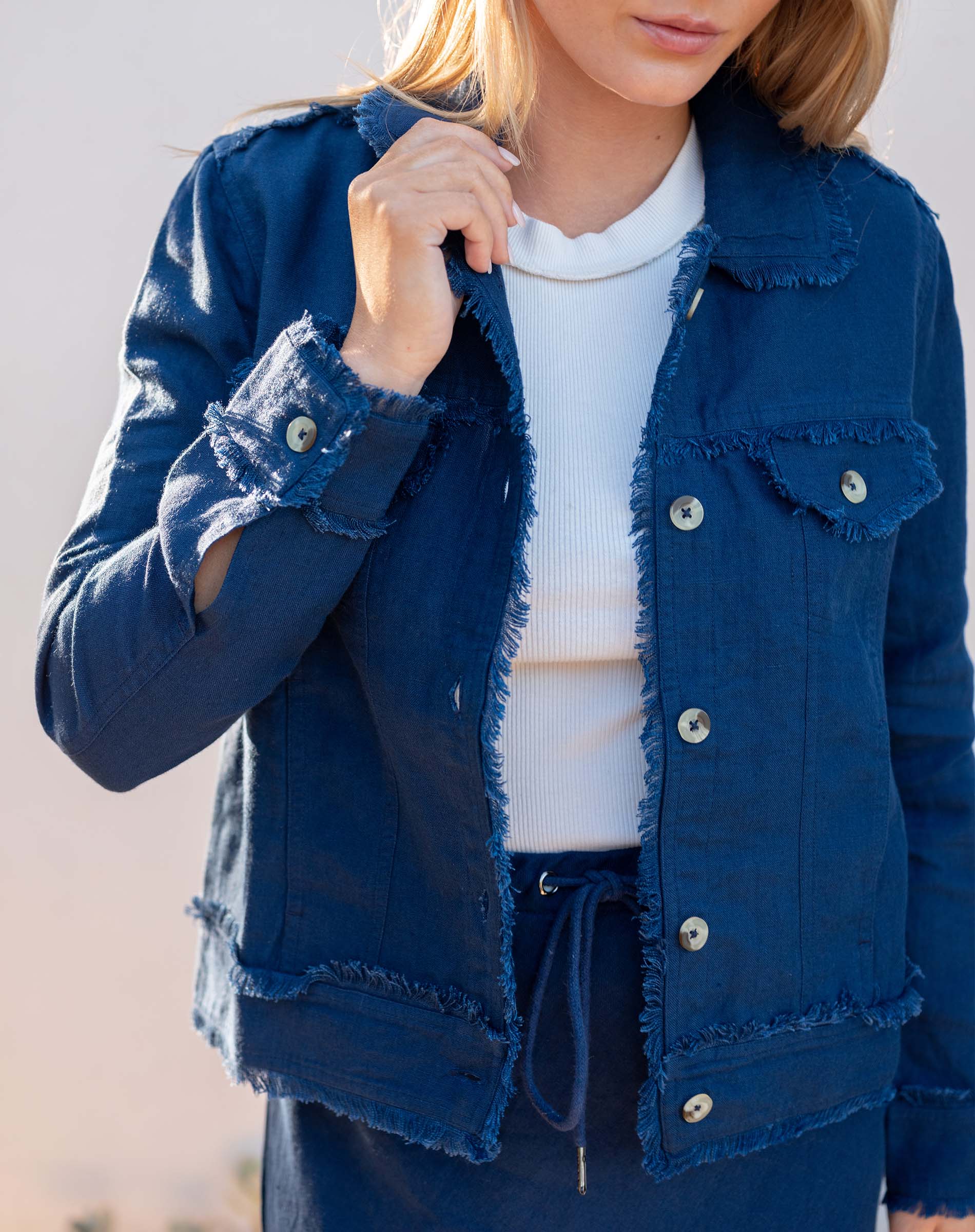 Women's Navy Frayed Linen Summer Jacket