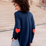 Women's One Size Navy Sweater with Red Hearts On Sleeve Back View