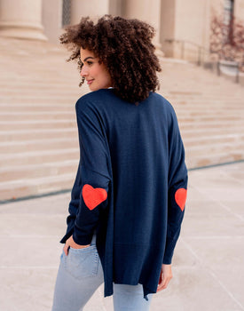 Women's One Size Navy Sweater with Red Hearts On Sleeve Back View