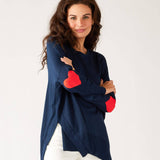 Women's One Size Navy Sweater with Red Hearts On Sleeve Chest View