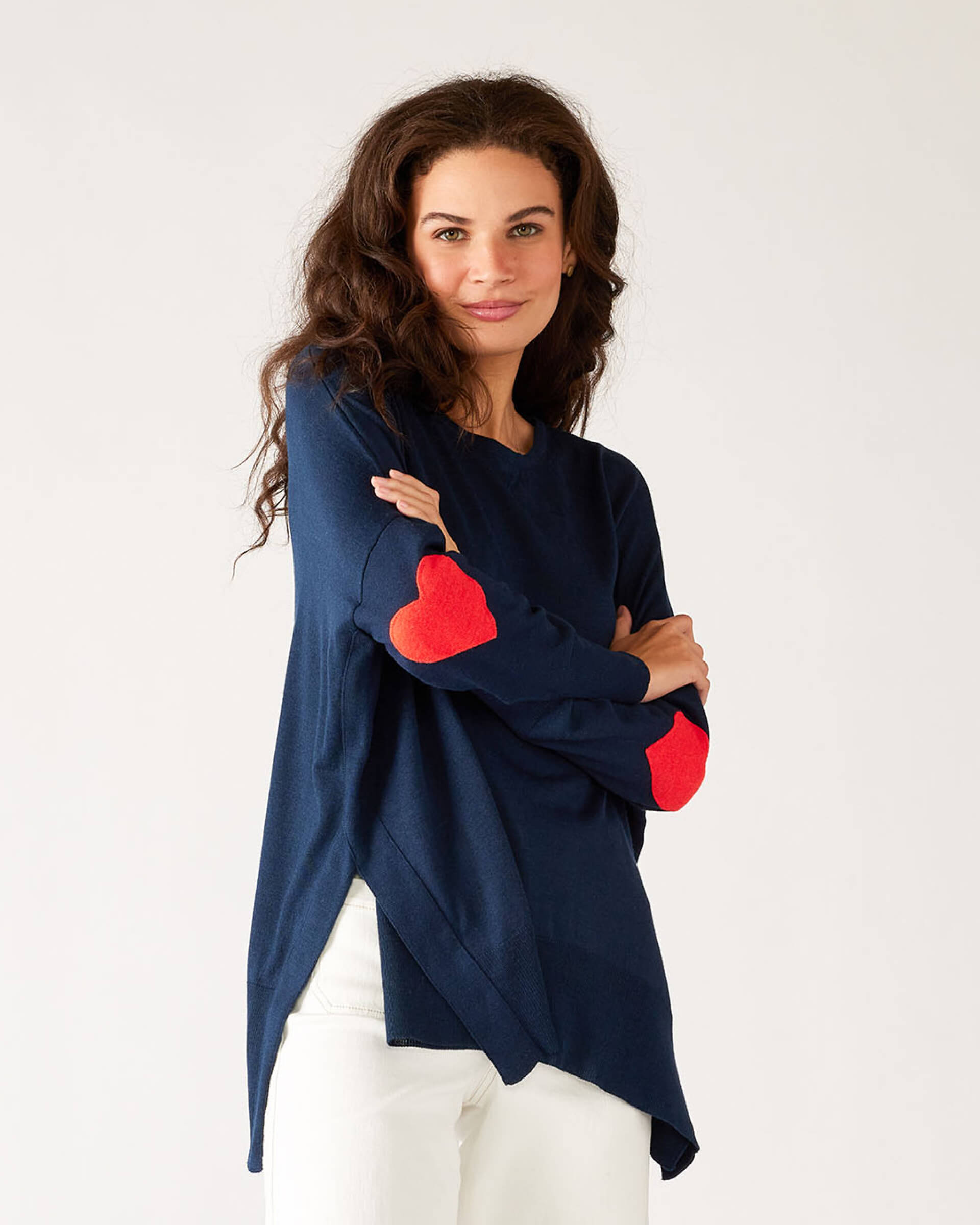 Women's One Size Navy Sweater with Red Hearts On Sleeve Chest View