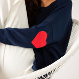 Women's One Size Navy Sweater with Red Hearts On Sleeve Side View