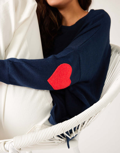 Women's One Size Navy Sweater with Red Hearts On Sleeve Side View