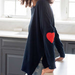 Women's One Size Navy Sweater with Red Hearts On Sleeve Side View in Home