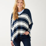 Women's One Size Vneck Knit Sweater in Navy White Stripes Chest View Drape of Fabric