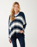 Women's One Size Vneck Knit Sweater in Navy White Stripes Chest View Drape of Fabric