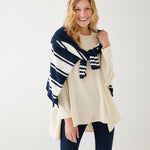 Women's One Size Vneck Knit Sweater in Navy White Stripes Chest View Layering