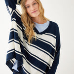 Women's One Size Vneck Knit Sweater in Navy White Stripes Chest View